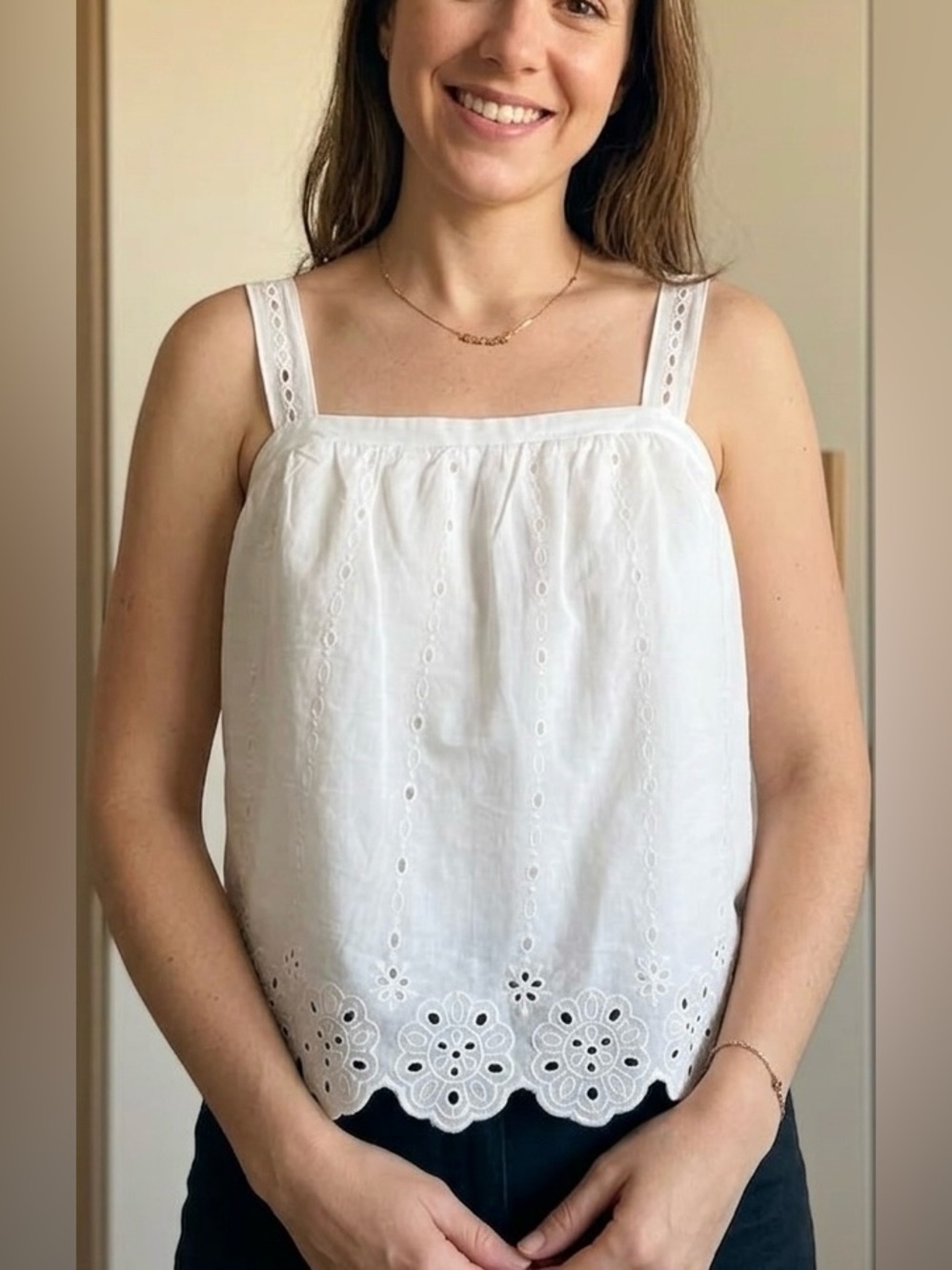 Maurices Soft White Cotton Eyelet Lace Cami Tank Top Scalloped Hem XS